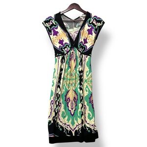 Eci New York Silk Dress Size 4 Green Purple Paisley Beaded Empire‎ Waist Retro